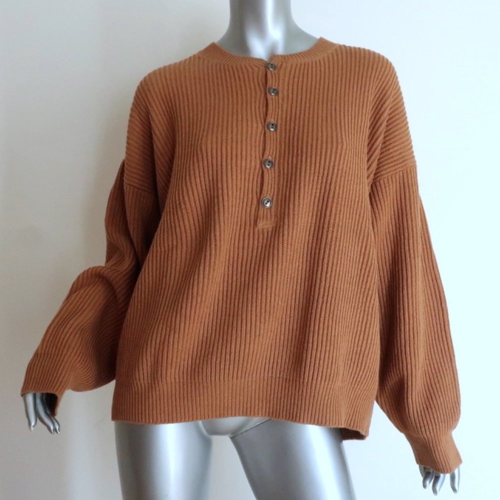 The Great Henley Sweater Camel Ribbed Knit 2 NEW